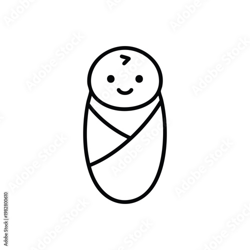 Cute newborn baby icon simple black and white swaddled infant line art symbol for child care and maternity design