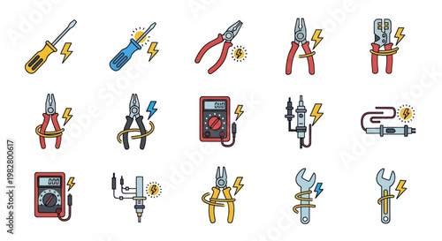 Electrical Tools Set: Screwdrivers, Pliers, Multimeter, Wrench Icons with Lightning Bolt