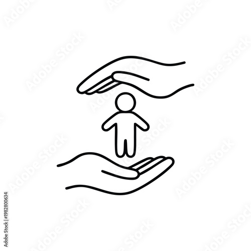Child care protection icon black and white vector illustration of child safety in caring hands