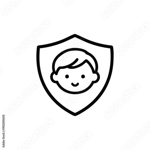 Child care protection icon smiling baby face in shield black and white vector illustration