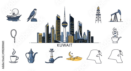 Kuwait City Skyline and Cultural Icons: Modern Architecture, Falcon, Dhow, Oil Pump