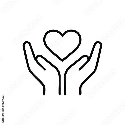 Child care love icon caring hands holding heart black and white line art vector illustration