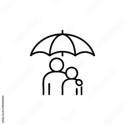 Child care protection icon parent and child under umbrella black and white vector illustration