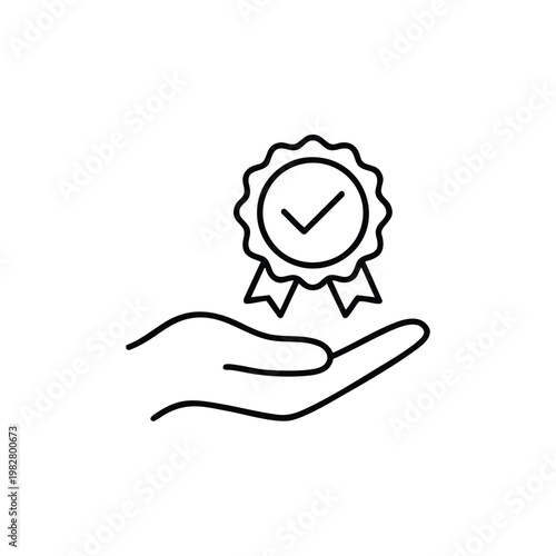 Child care quality assurance line icon caring hand with check mark badge black and white vector illustration
