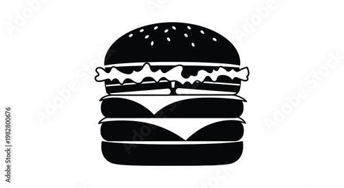 A detailed black silhouette depiction of a layered cheeseburger with toppings silhouette
