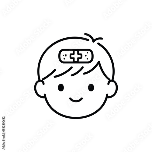 Cute injured child head icon with bandage on forehead black and white vector line art for child care and pediatric healthcare