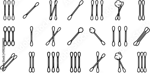 Health and Hygiene Cotton Swabs Line Art Icons Set. Various Black and White Outline Illustrations of Personal Care Ear Buds for Medical and Beauty Use.