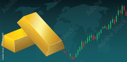 Two gold bars against world map with rising candlestick chart, dark teal background. Concept of growth metal prices. Vector illustration