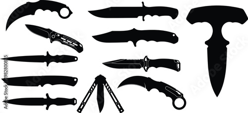 Collection of black knife and dagger silhouettes on white background, knives daggers