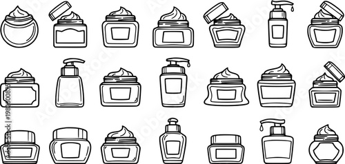 Black  White Line Art Hand Drawn Icons of Cosmetic and Skincare Product Packaging. Beauty Cream Jars, Lotion Bottles, and Dispensers Outline Vector Set.