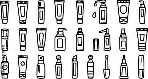 Outline Black and White Line Art Icons of Beauty, Skincare, and Cosmetic Product Containers. A comprehensive set of personal care and makeup packaging illustrations.