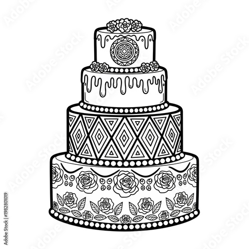 Elegant Black and White Tiered Wedding Cake with Intricate Patterns and Roses