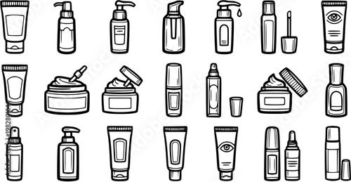 Black  White Line Art Icons of Skincare  Cosmetic Products. Outline Doodle Collection for Beauty Industry Packaging, Web  Branding.