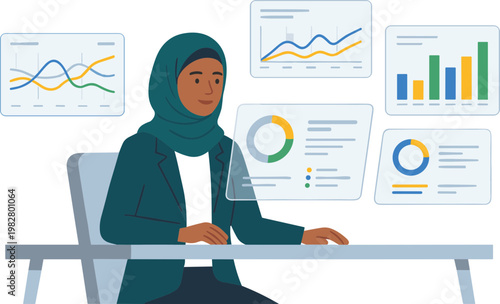 A woman in a hijab sits at a desk analyzing colorful graphs and charts on screens around her.