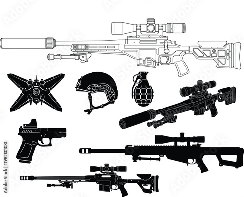 Collection of military firearms, helmets, and equipment in black and white guns rifles sniper rifle handgun