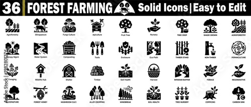 Forest farming icons set. Features of agroforestry silvopasture, fungi culture, apiculture, fruit tree nursery, tree crop shade-grown water system, and composting vector illustration.