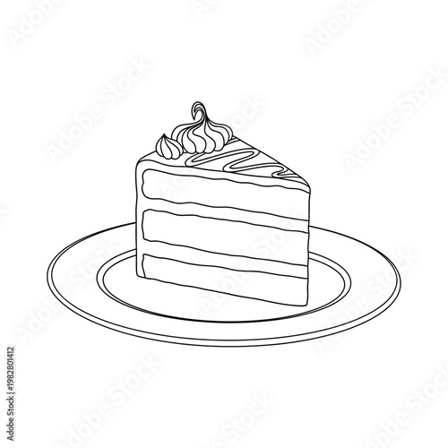 Slice of layered cake with frosting and drizzle on a plate, black and white line drawing