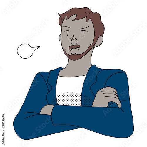 腕組みして不満げなひげのビジネスカジュアル男性のイラスト