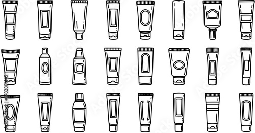 Set of Black  White Line Art Cosmetic Bottles and Tubes for Skincare and Beauty Products. Outline Doodle Icons for Creams, Lotions, and Serums.