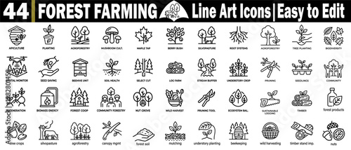 Comprehensive forest farming line art. Collection with agroforestry, silvopasture, and sustainable woodland, management icons for ecological agriculture design vector illustration.