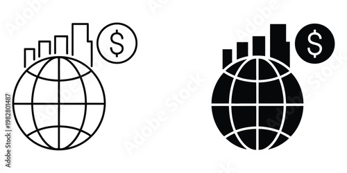 Money globe icon set, multiple style collection on white background, illustrating global business, finance network, currency flow, and international trade concepts in modern line