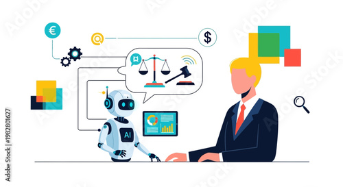 AI Robot and Businessman Discussing Legal and Financial Matters with Technology