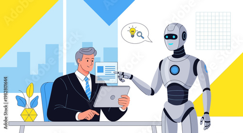 Robot assisting businessman with tablet in modern office, innovation concept