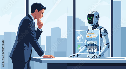 Businessman interacting with a futuristic robot displaying data on a transparent screen
