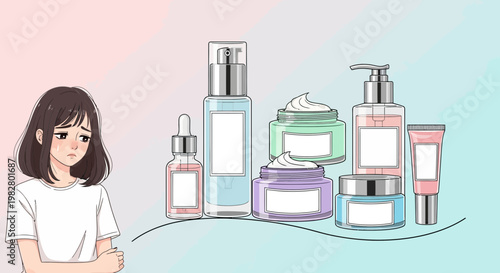 Sad Woman Looking at Skincare Products, Cosmetic Routine, Beauty Concerns