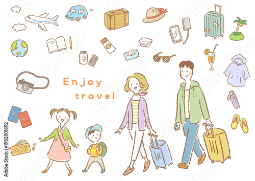旅行に出かける4人家族と旅行グッズの手描き風シンプルイラスト