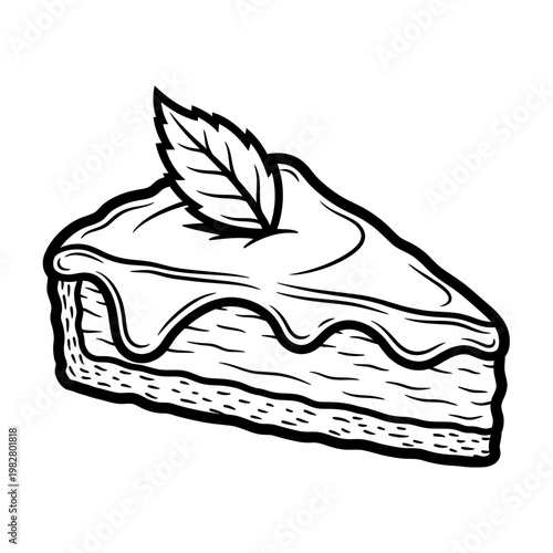 Slice of delicious layered cake with glaze and mint leaf, black and white illustration