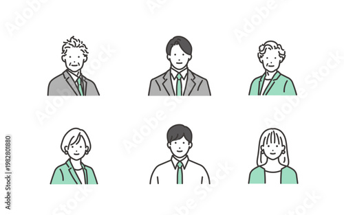 シンプルな線画で描かれた、幅広い世代のビジネスパーソンアイコンセット