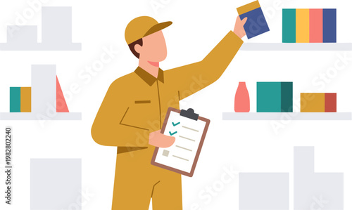 Man in yellow uniform checking inventory on colorful shelves in warehouse