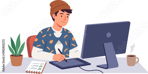 Man sitting at desk working on computer with graphics tablet and coffee