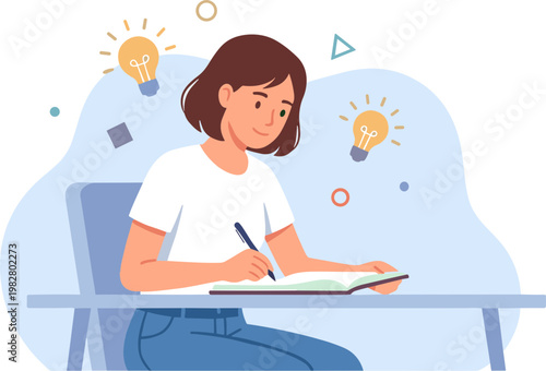 A woman sits at a desk writing in a notebook with ideas