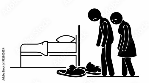 Sad Couple Standing by Bed in a Bedroom