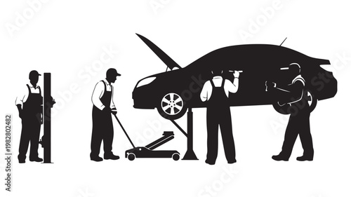 Auto repair workshop with mechanics and car silhouettes