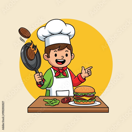 Happy Chef Cooking Burger with Frying Pan and Ingredients on Table