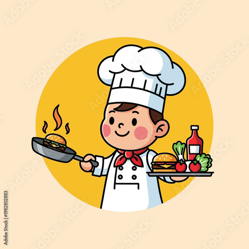 Chef cooking burger in pan, holding tray with burger, salad, and ketchup bottle, cartoon style
