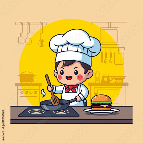 Cute Chef Kid Cooking Burger in Kitchen