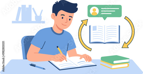 A student studies and writes in a book at a desk with educational materials.