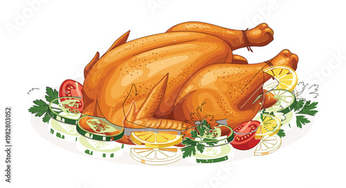 Delicious Roasted Chicken with Fresh Vegetables and Herbs, Garnished with Lemon Slices and Tomatoes, Perfect for Family Meals and Culinary Photography