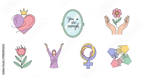Feminine Empowerment Symbols: Heart, Mirror, Flower, Hands, Woman, Venus Symbol