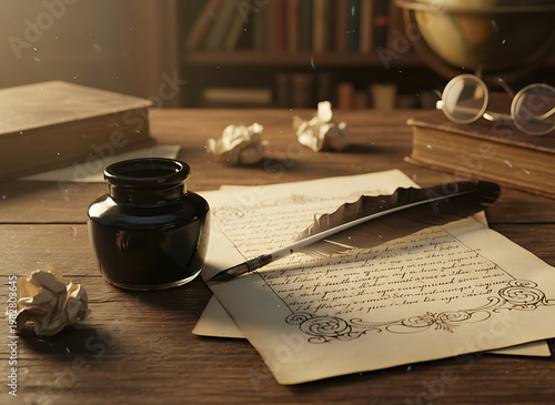 A quill pen and inkwell on a desk with paper