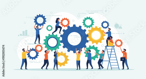 Teamwork and collaboration: people assembling gears, symbolizing synergy and business success
