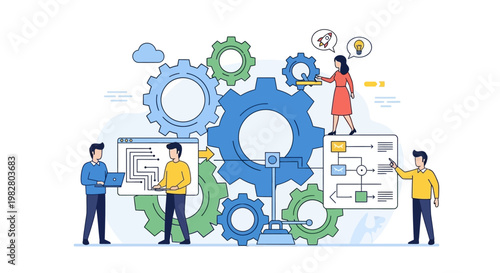 Teamwork and collaboration: people working together on a complex project with gears