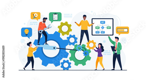 Teamwork and Collaboration: People working together on gears, business process, strategy, and success
