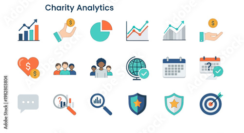 Charity Analytics Icons: Fundraising, Growth, Community, Finance, Global, Planning, Data