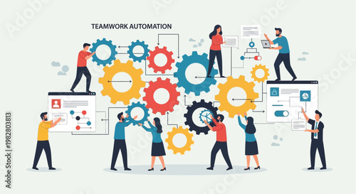 Teamwork automation concept: people working together with gears and digital interfaces