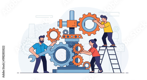 Teamwork assembling complex machinery with gears and tools, engineering collaboration concept